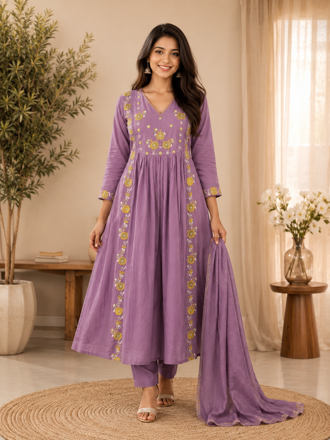Lavender Floral Embroidered Cotton Blend Anarkali Kurta Set with Dupatta