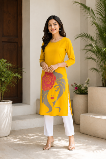 Women's Mustard Yellow Graphic Printed Straight Kurti
