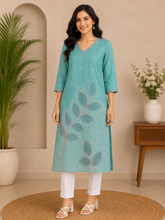 Women's Sky Blue Embroidered Straight Kurti