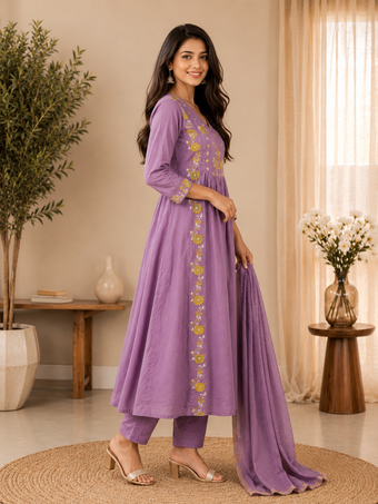 Lavender Floral Embroidered Cotton Blend Anarkali Kurta Set with Dupatta