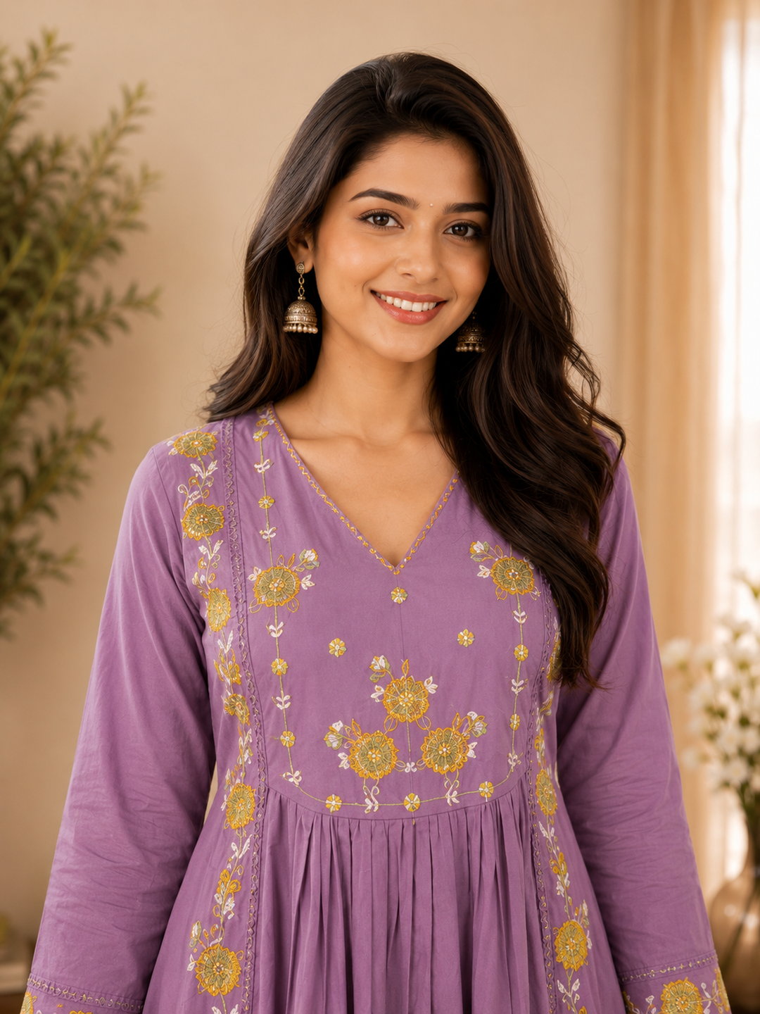 Lavender Floral Embroidered Cotton Blend Anarkali Kurta Set with Dupatta