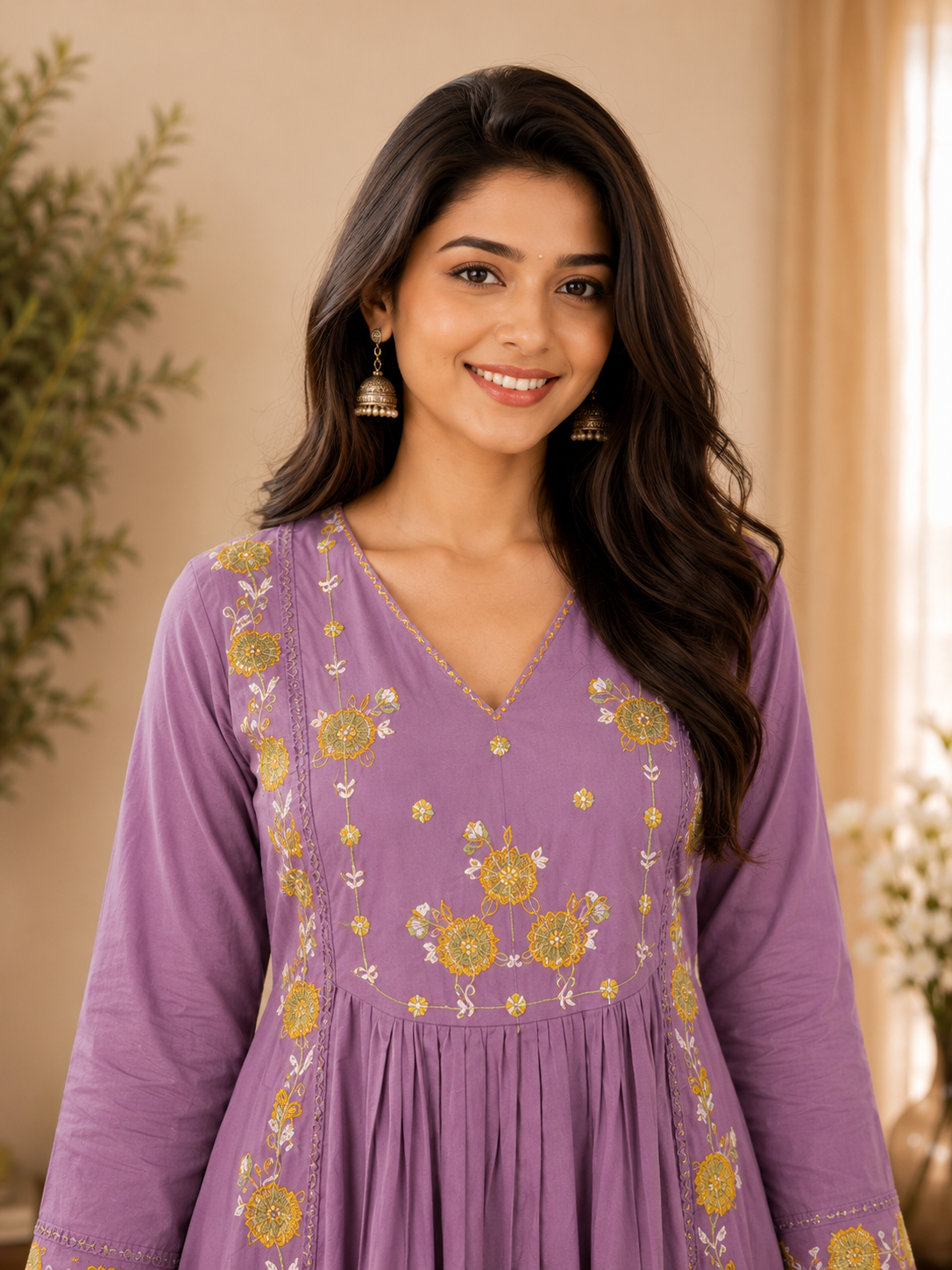 Lavender Floral Embroidered Cotton Blend Anarkali Kurta Set with Dupatta