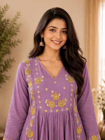 Lavender Floral Embroidered Cotton Blend Anarkali Kurta Set with Dupatta