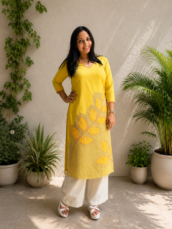 Women's Yellow Embroidered Straight Kurti
