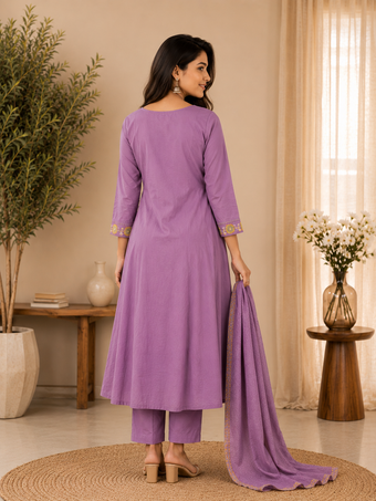 Lavender Floral Embroidered Cotton Blend Anarkali Kurta Set with Dupatta