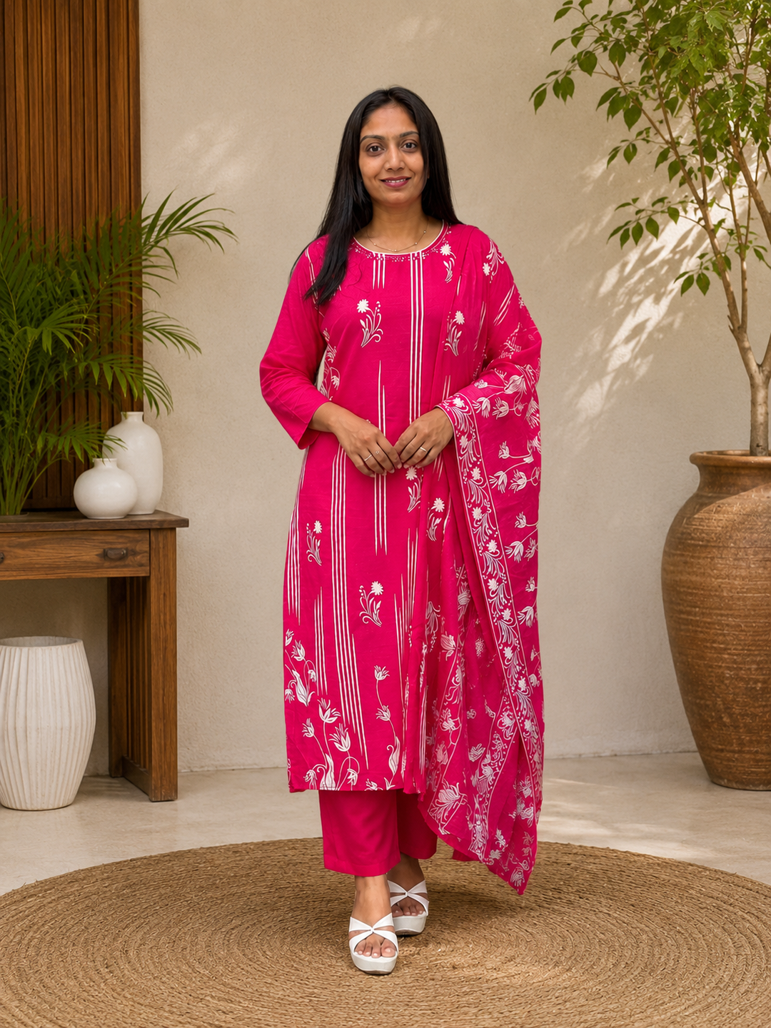 Rani Pink Floral Printed Kurta Set with Dupatta