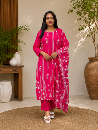 Rani Pink Floral Printed Kurta Set with Dupatta