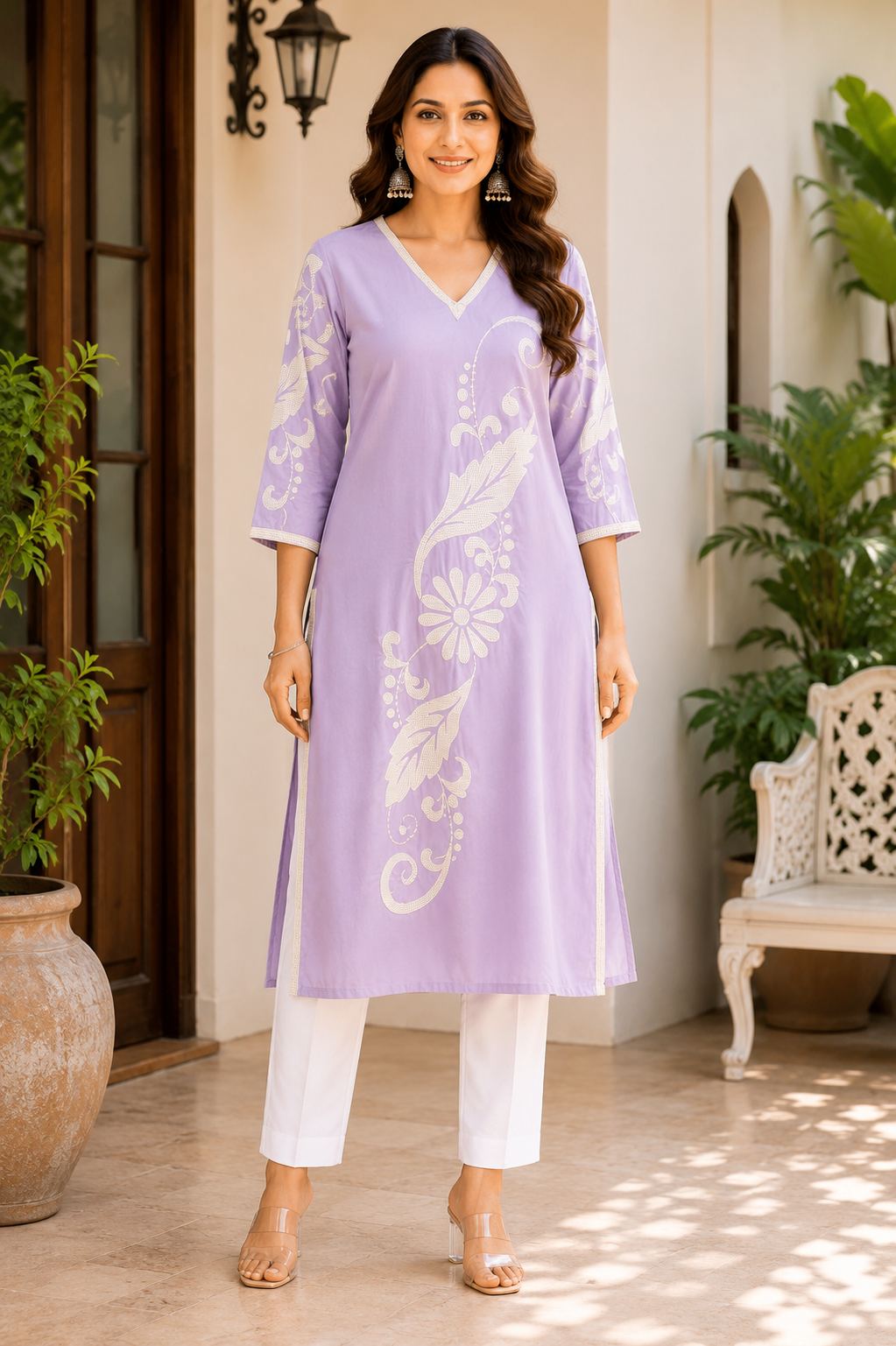 Women's Lavender Floral Printed Straight Kurti