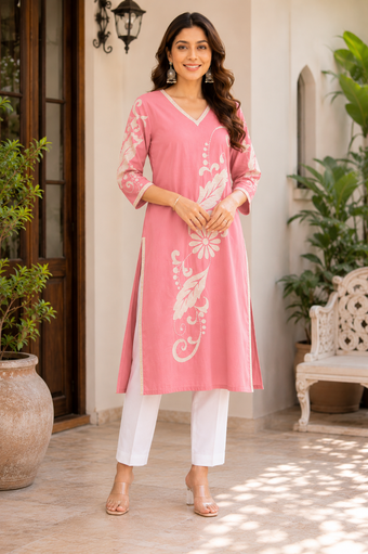 Women's Blush Pink Floral Printed Straight Kurti