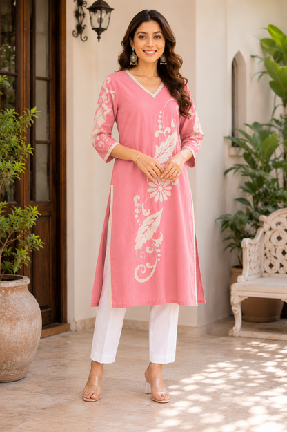 Women's Blush Pink Embroidered Work Straight Kurti