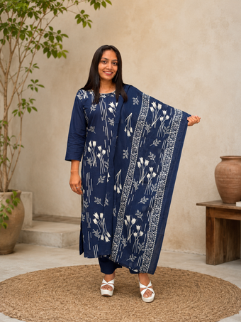 Navy Blue Floral Printed Kurta Pant with Dupatta Set