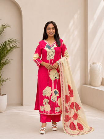 Red Floral Printed Kurta Set with Dupatta