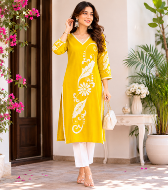 Sunshine Yellow Floral Print Straight Kurti for Women