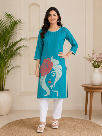 Women's Teal Blue Graphic Printed Straight Kurti