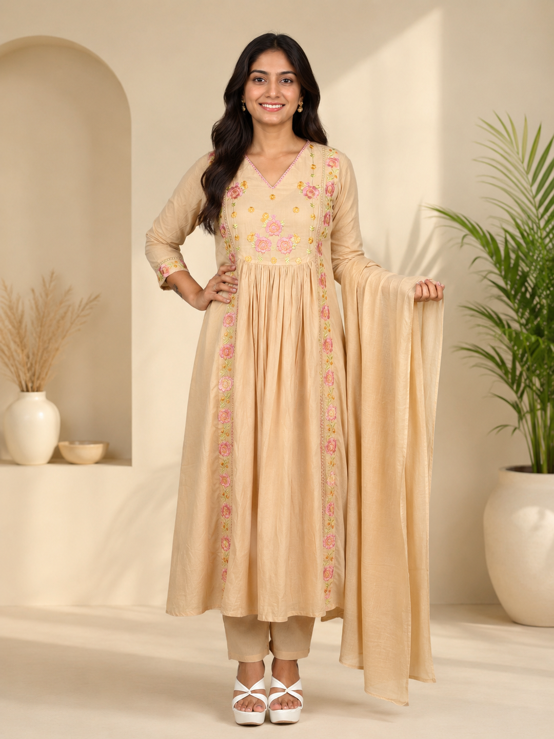 Beige Floral Embroidered Cotton Blend Anarkali Kurta Set with Dupatta