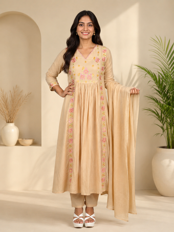 Beige Floral Embroidered Cotton Blend Anarkali Kurta Set with Dupatta