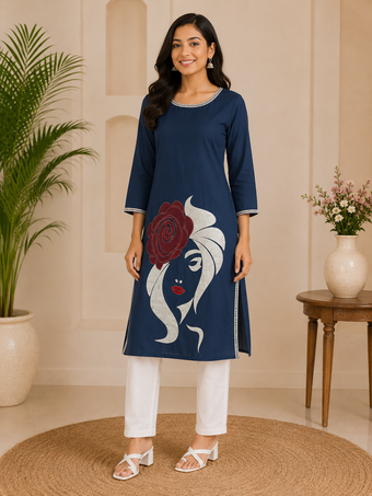 Women's Navy Blue Graphic Printed Straight Kurti