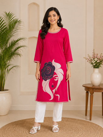 Women's Rani Pink Graphic Printed Straight Kurti