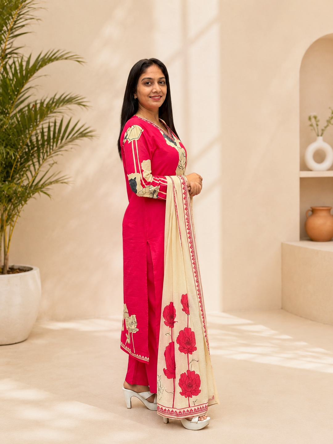 Red Floral Printed Kurta Set with Dupatta