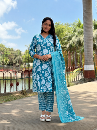 Women's Pure Cotton Floral Print Straight Kurta with Pant and Dupatta