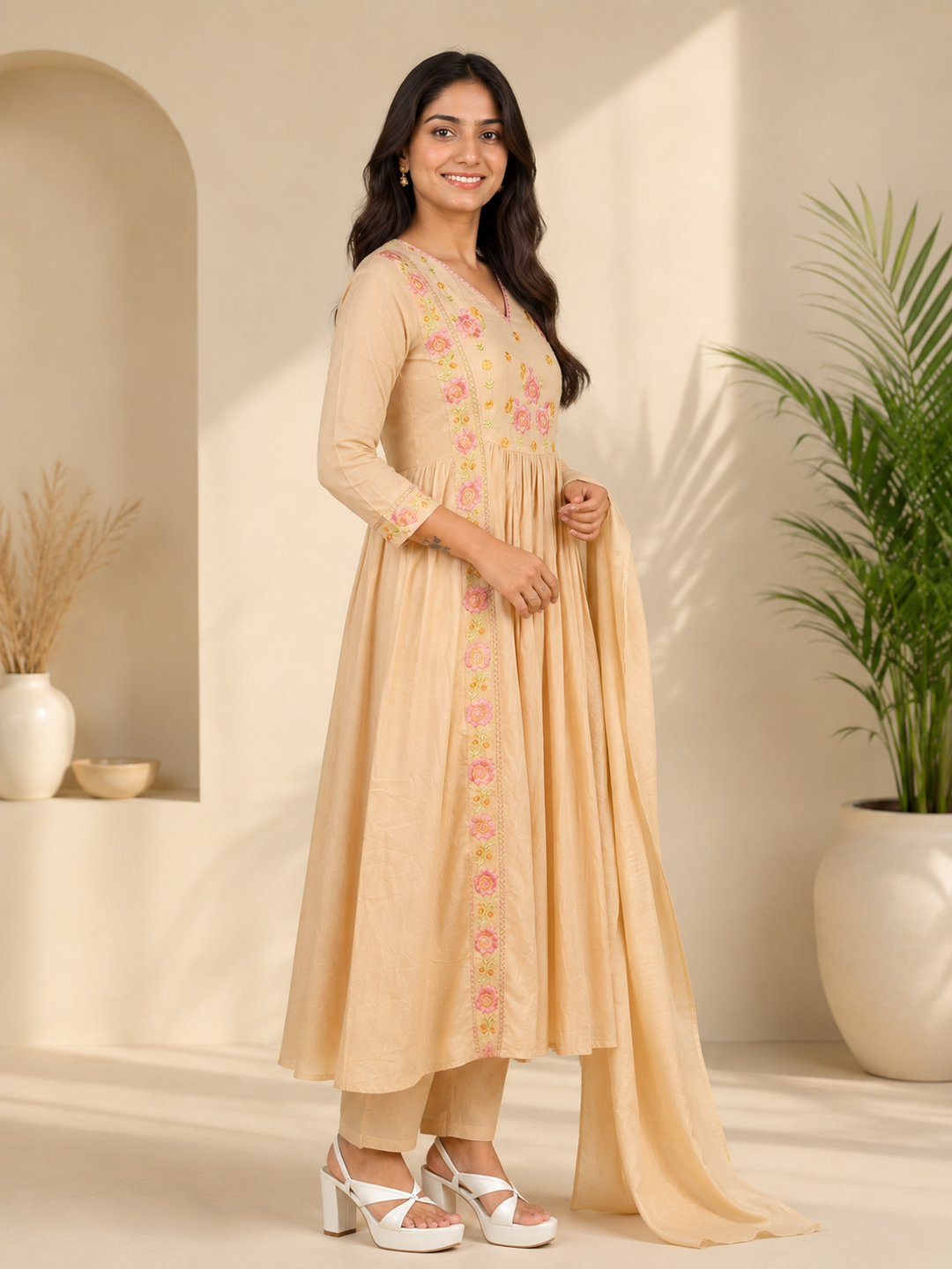 Beige Floral Embroidered Cotton Blend Anarkali Kurta Set with Dupatta