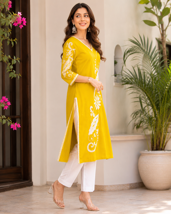 Sunshine Yellow Floral Print Straight Kurti for Women