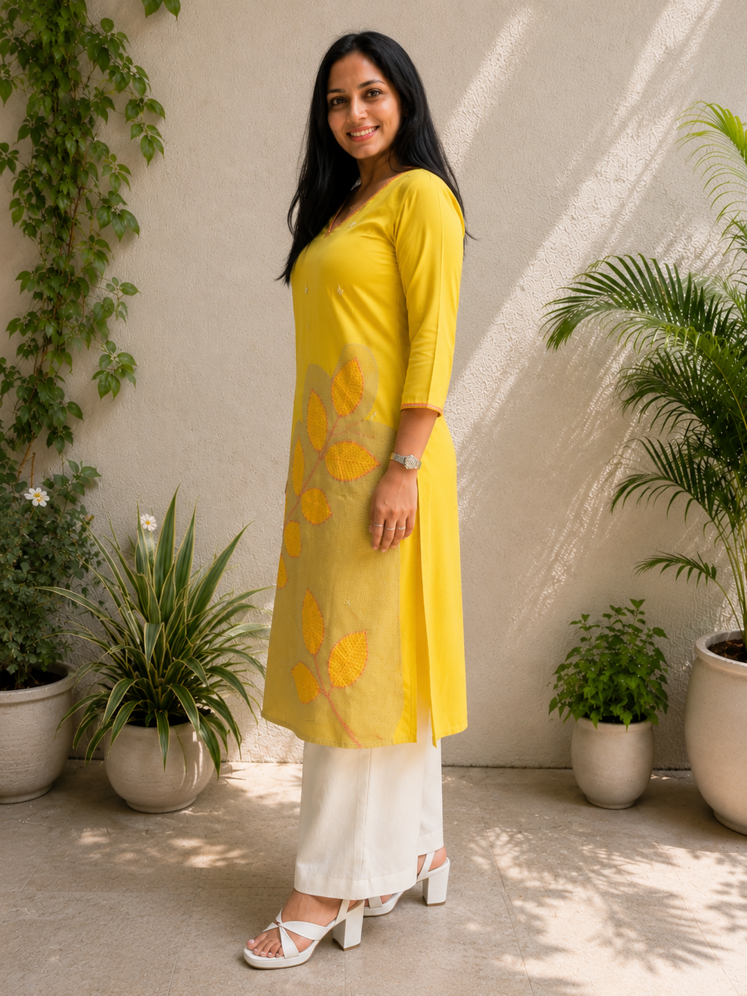 Women's Yellow Embroidered Straight Kurti
