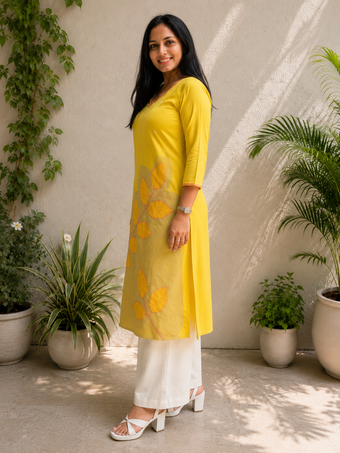 Women's Yellow Embroidered Straight Kurti