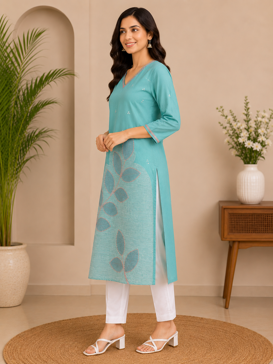 Women's Sky Blue Embroidered Straight Kurti