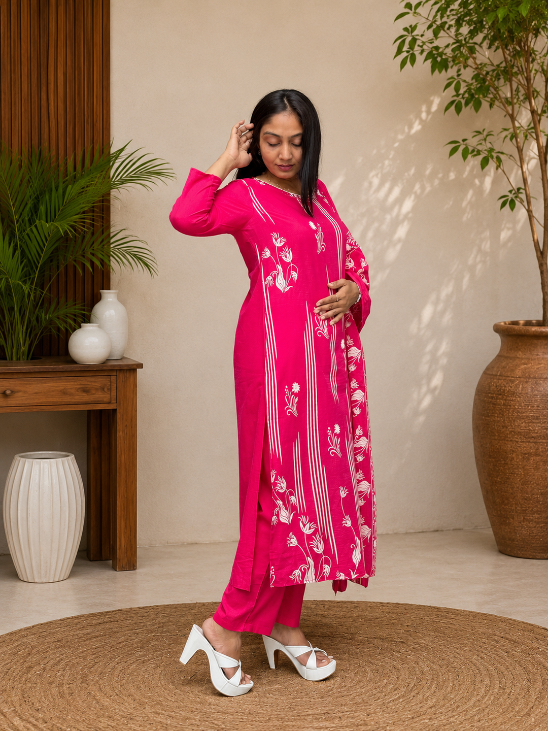 Rani Pink Floral Printed Kurta Set with Dupatta