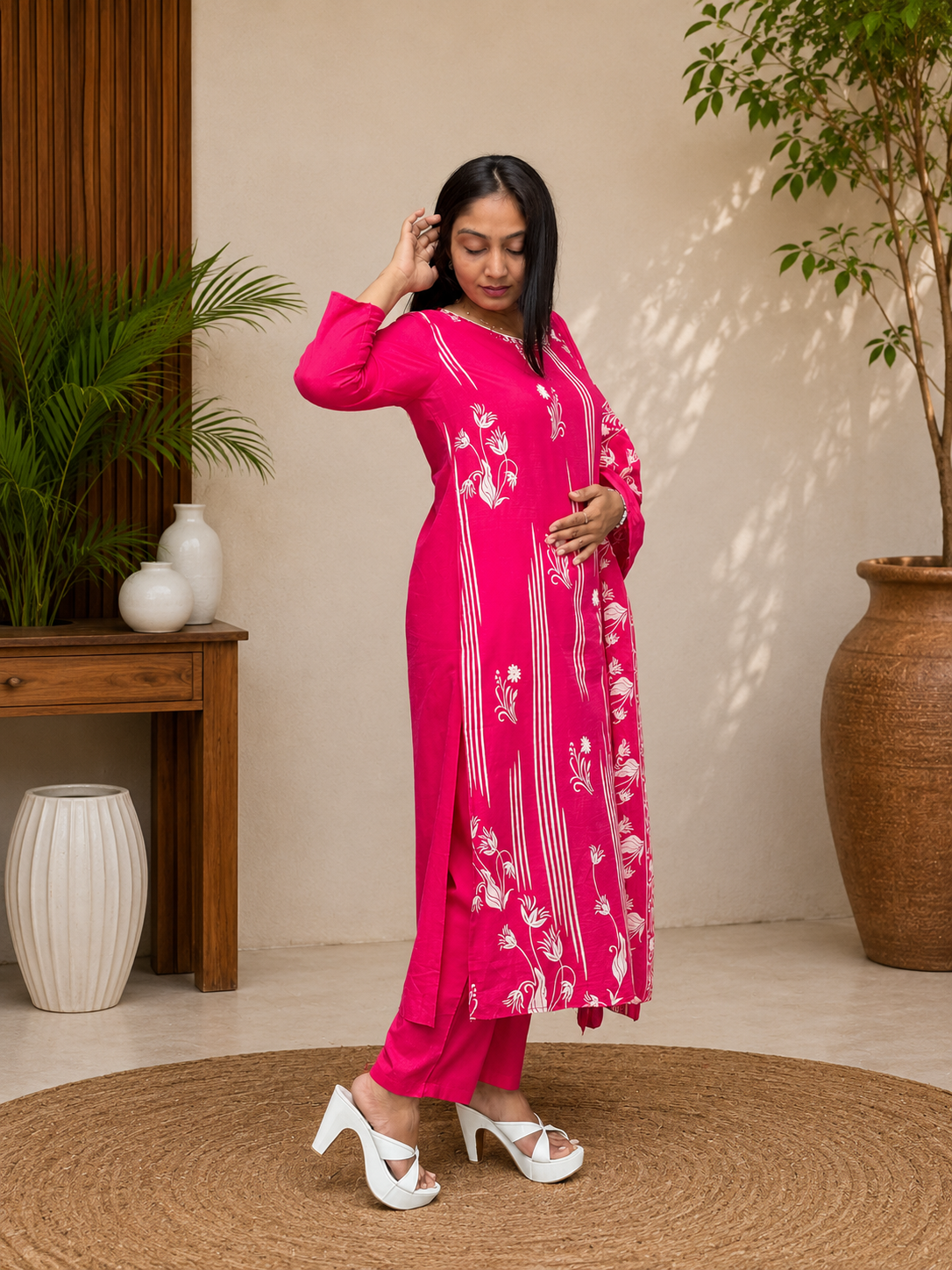 Rani Pink Floral Printed Kurta Set with Dupatta