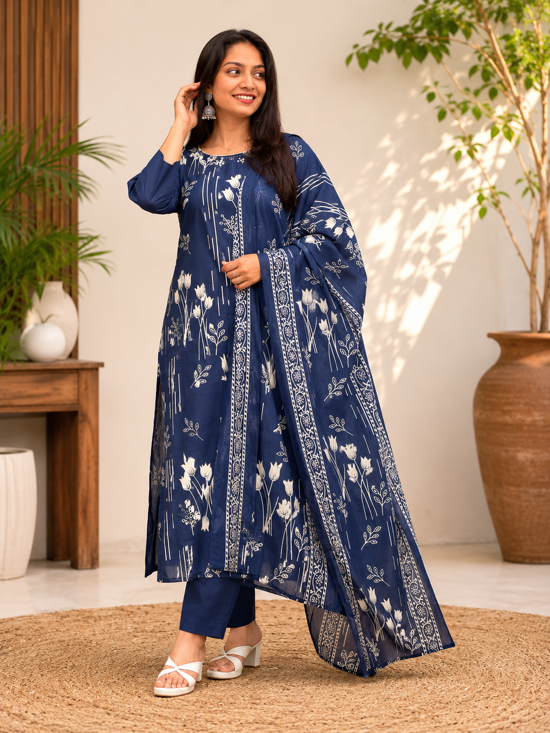 Navy Blue Floral Printed Kurta Pant with Dupatta Set