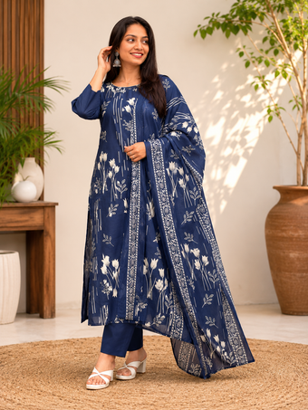 Navy Blue Floral Printed Kurta Pant with Dupatta Set