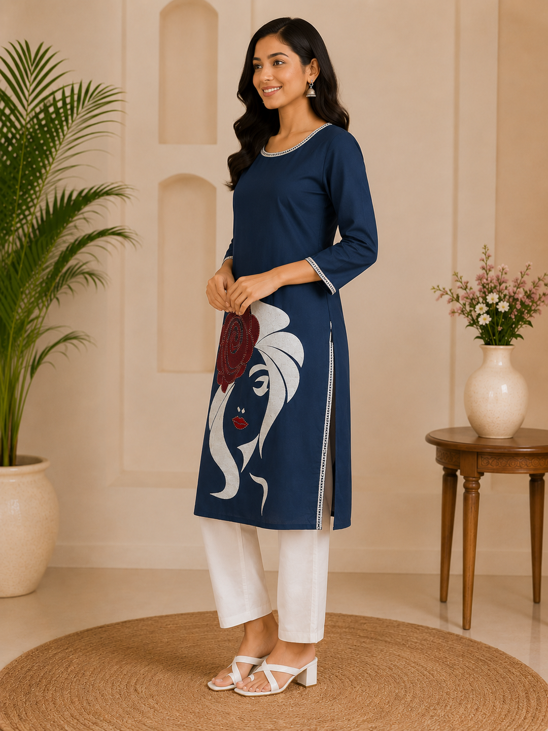 Women's Navy Blue Graphic Printed Straight Kurti