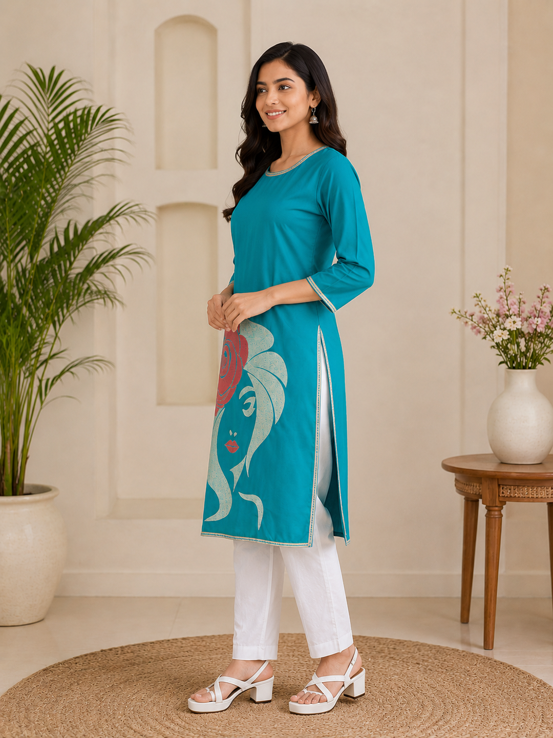 Women's Teal Blue Graphic Printed Straight Kurti