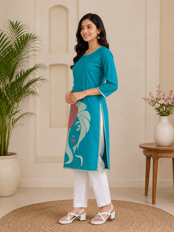 Women's Teal Blue Graphic Printed Straight Kurti
