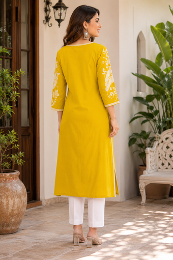 Sunshine Yellow Floral Print Straight Kurti for Women