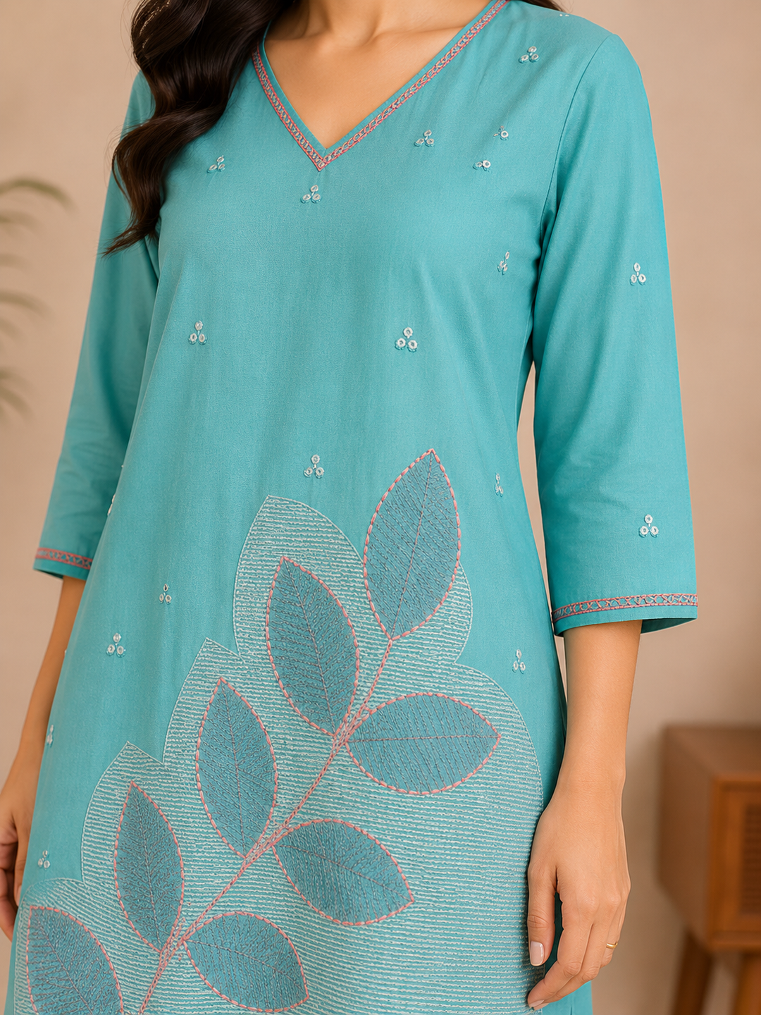 Women's Sky Blue Embroidered Straight Kurti