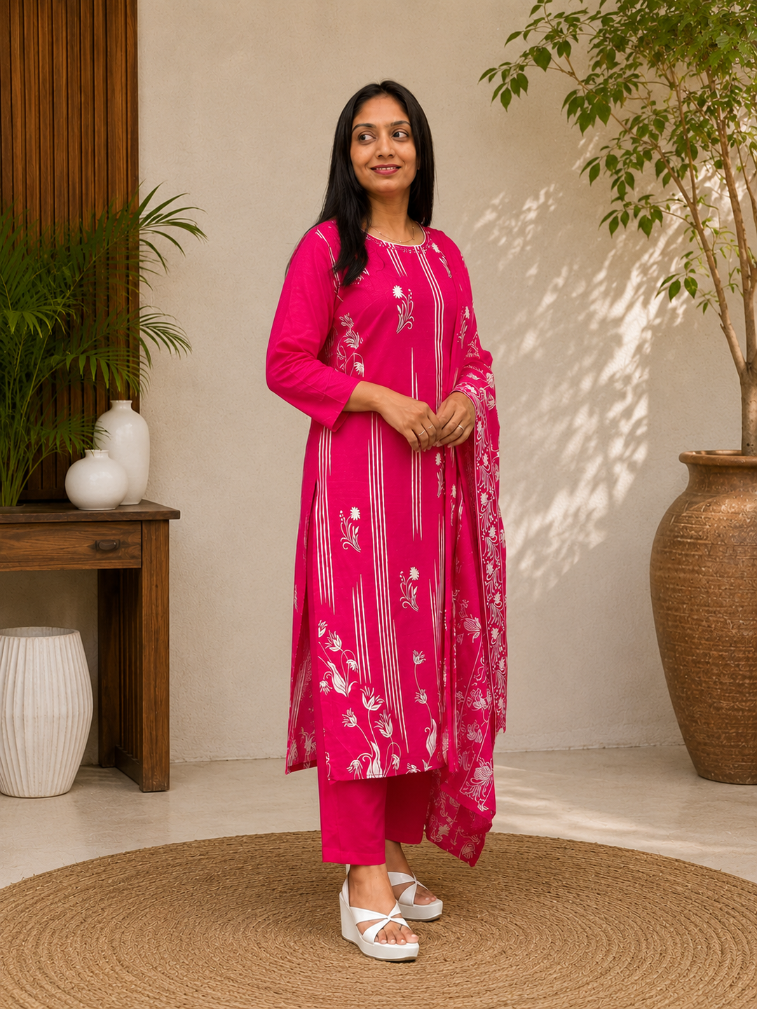 Rani Pink Floral Printed Kurta Set with Dupatta