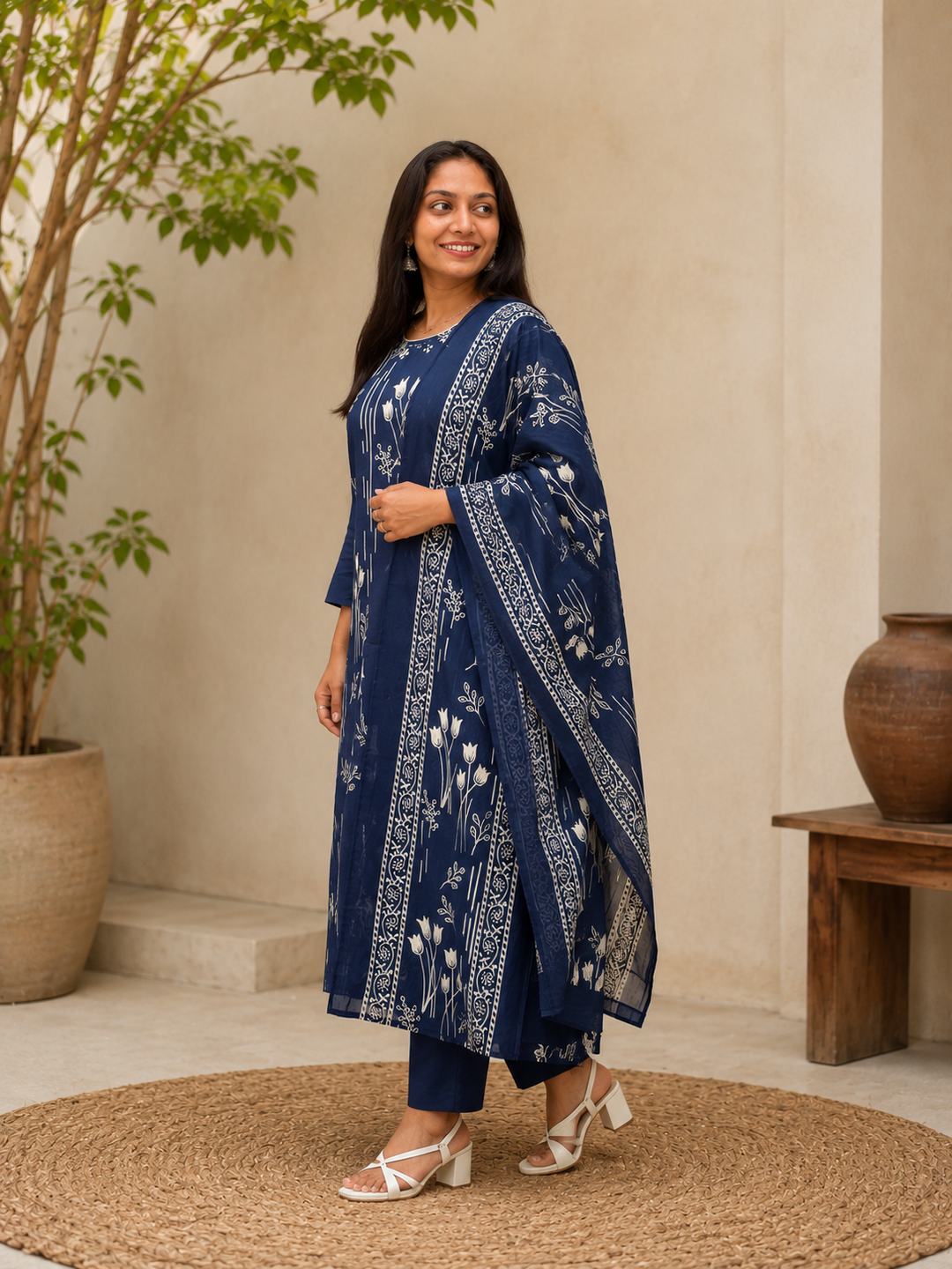 Navy Blue Floral Printed Kurta Pant with Dupatta Set