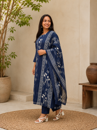 Navy Blue Floral Printed Kurta Pant with Dupatta Set