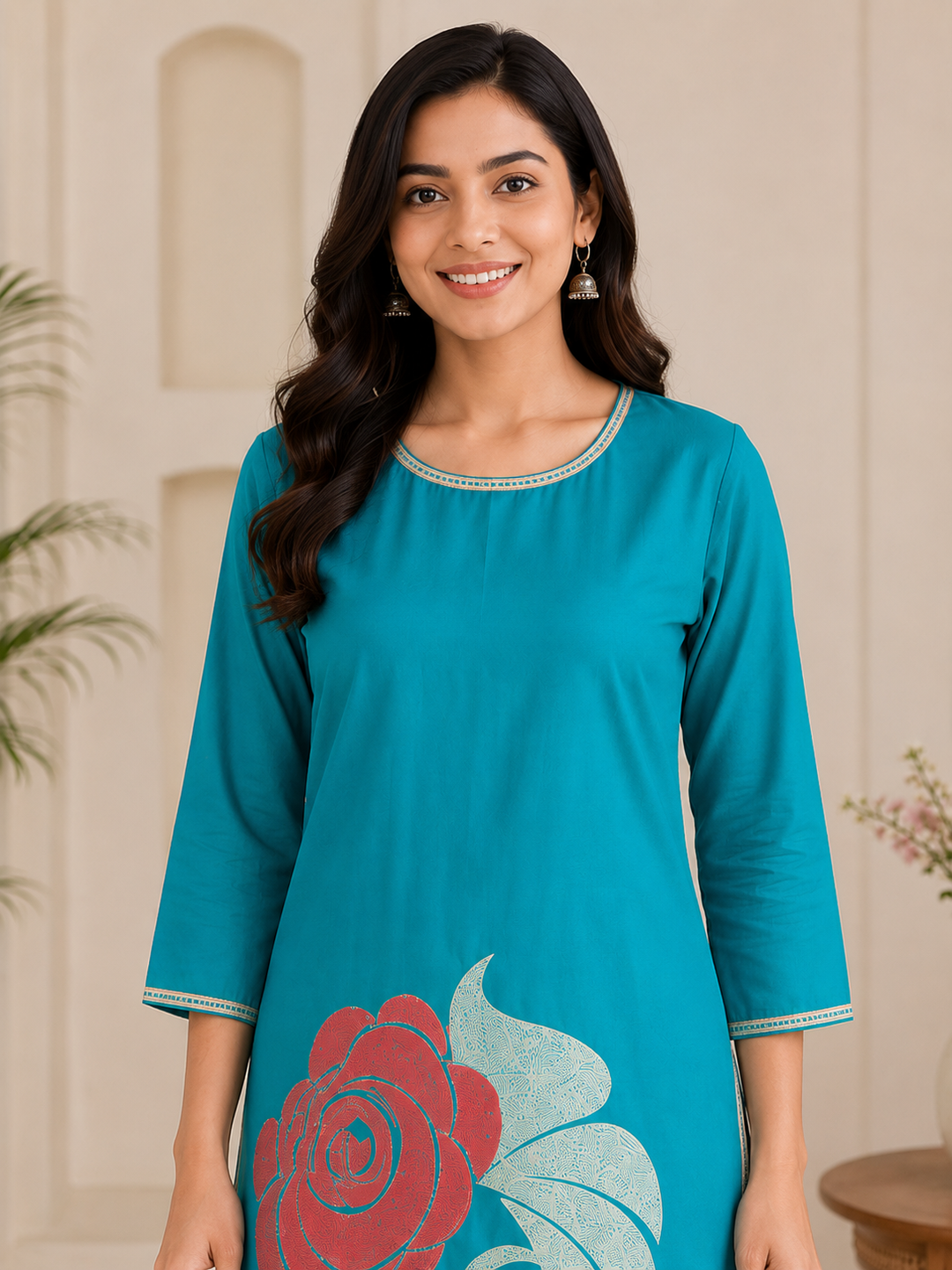 Women's Teal Blue Graphic Printed Straight Kurti