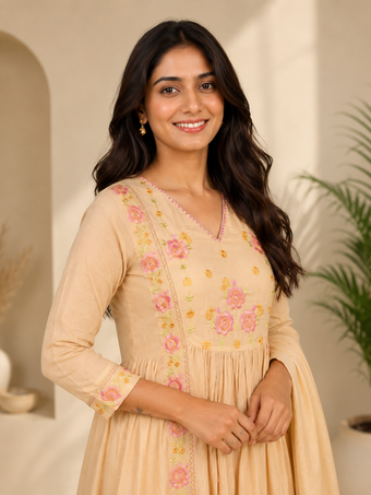 Beige Floral Embroidered Cotton Blend Anarkali Kurta Set with Dupatta