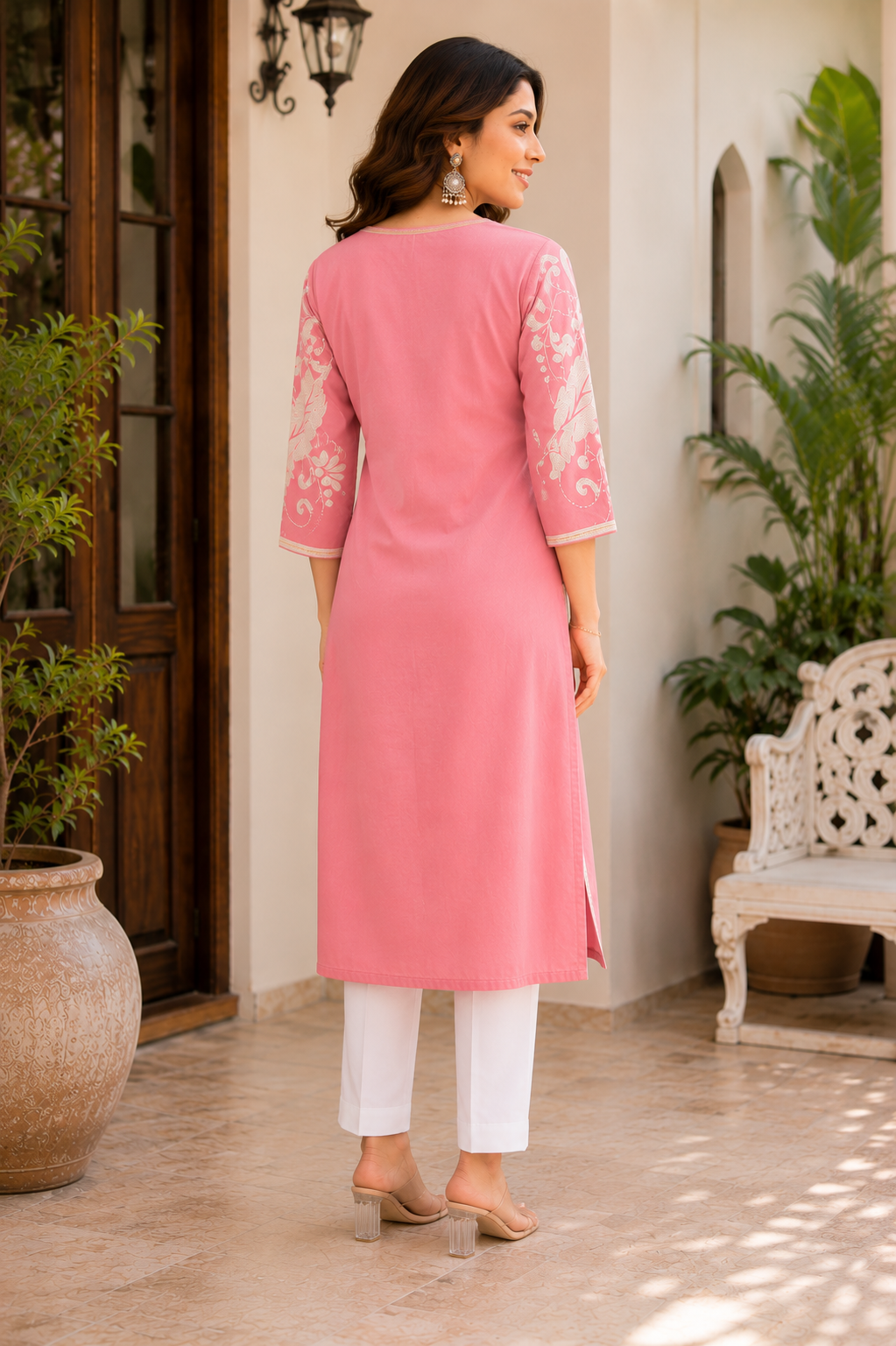 Women's Blush Pink Floral Printed Straight Kurti
