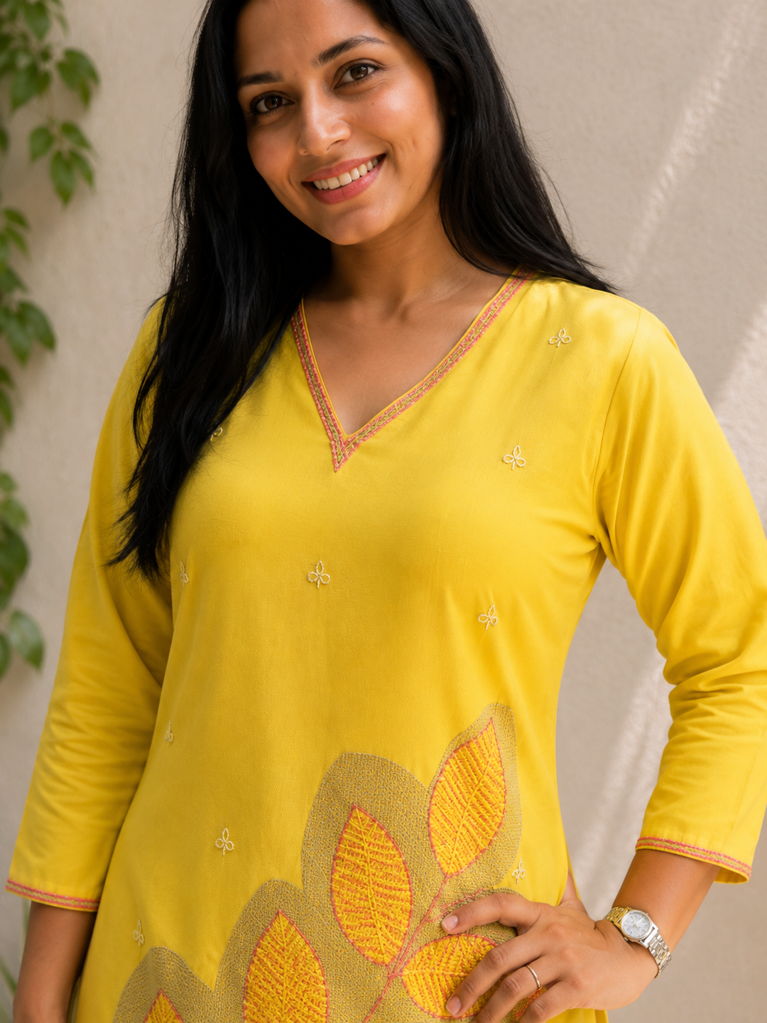 Women's Yellow Embroidered Straight Kurti