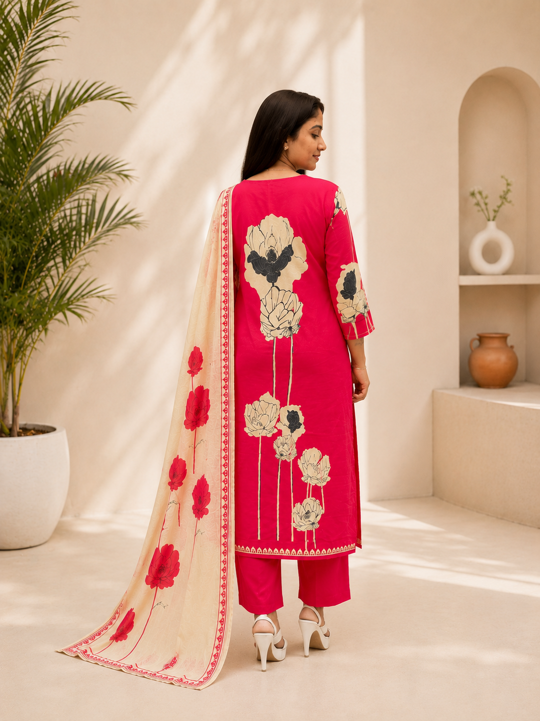Red Floral Printed Kurta Set with Dupatta