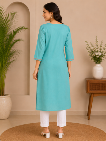 Women's Sky Blue Embroidered Straight Kurti