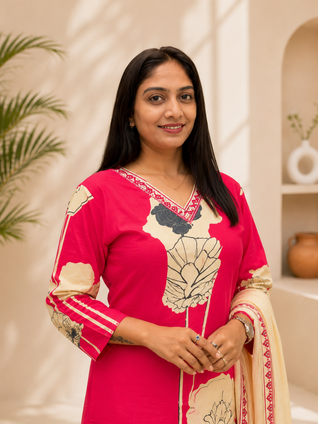 Red Floral Printed Kurta Set with Dupatta