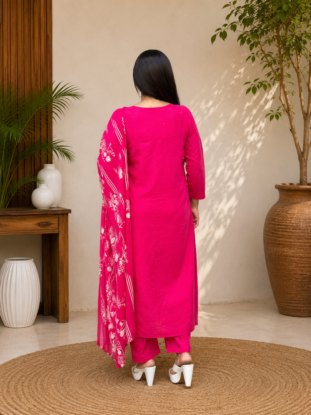 Rani Pink Floral Printed Kurta Set with Dupatta