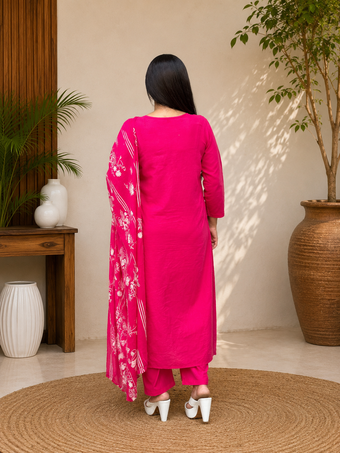 Rani Pink Floral Printed Kurta Set with Dupatta